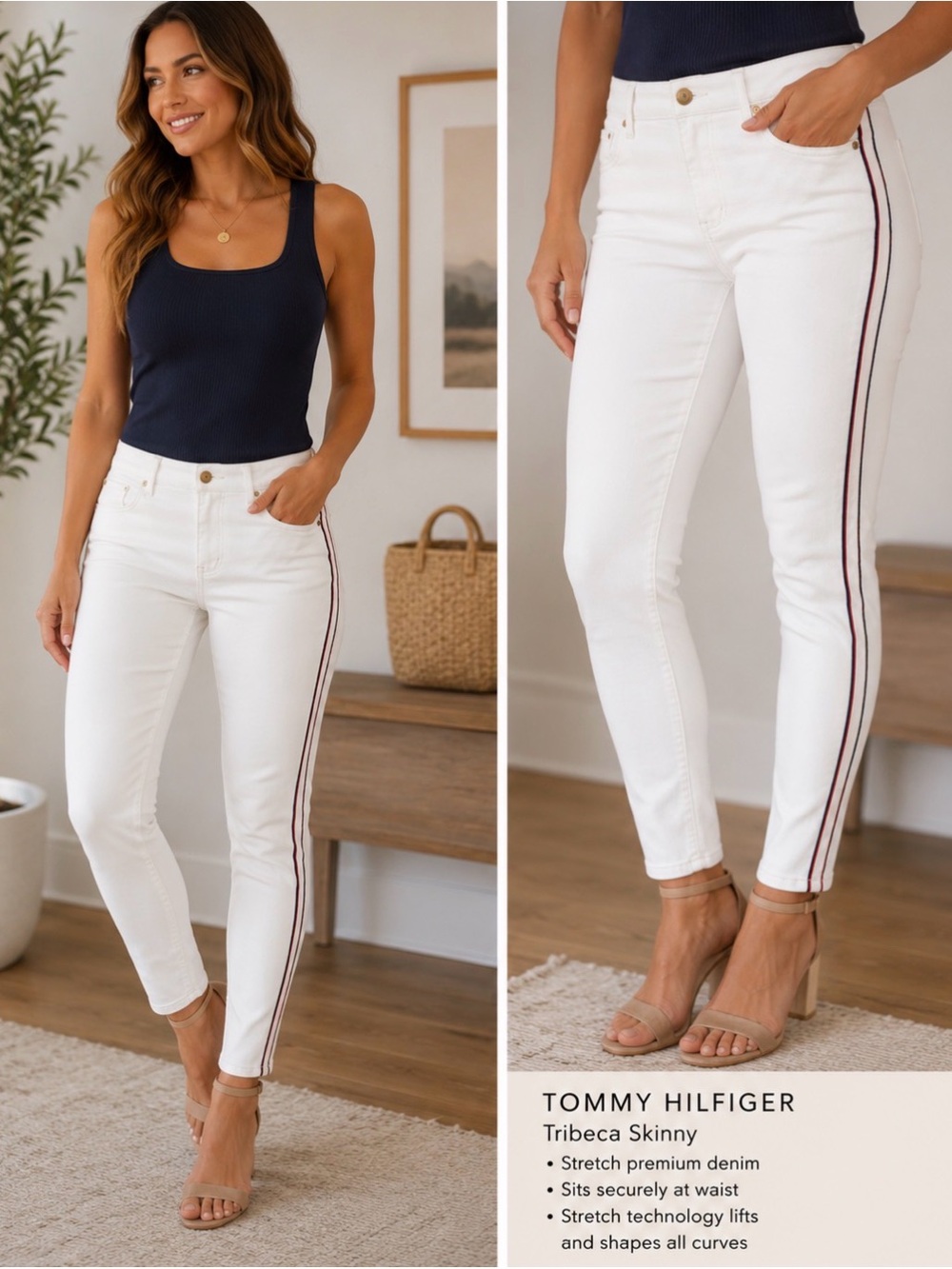 NWT Tommy Hilfiger Tribeca Skinny Jeans White Side Stripe Size 14